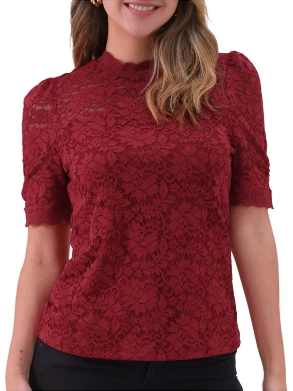 Just Female Burgundy Floral Lace Short-Sleeve Blouse
